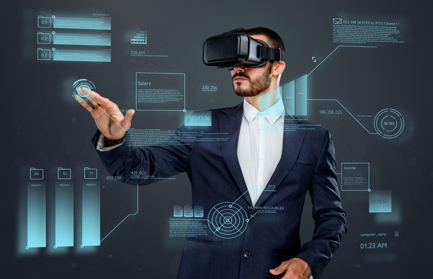 Male In Suit With Virtual Reality Glasses On His Head Working In Virtual Financial World, Blog